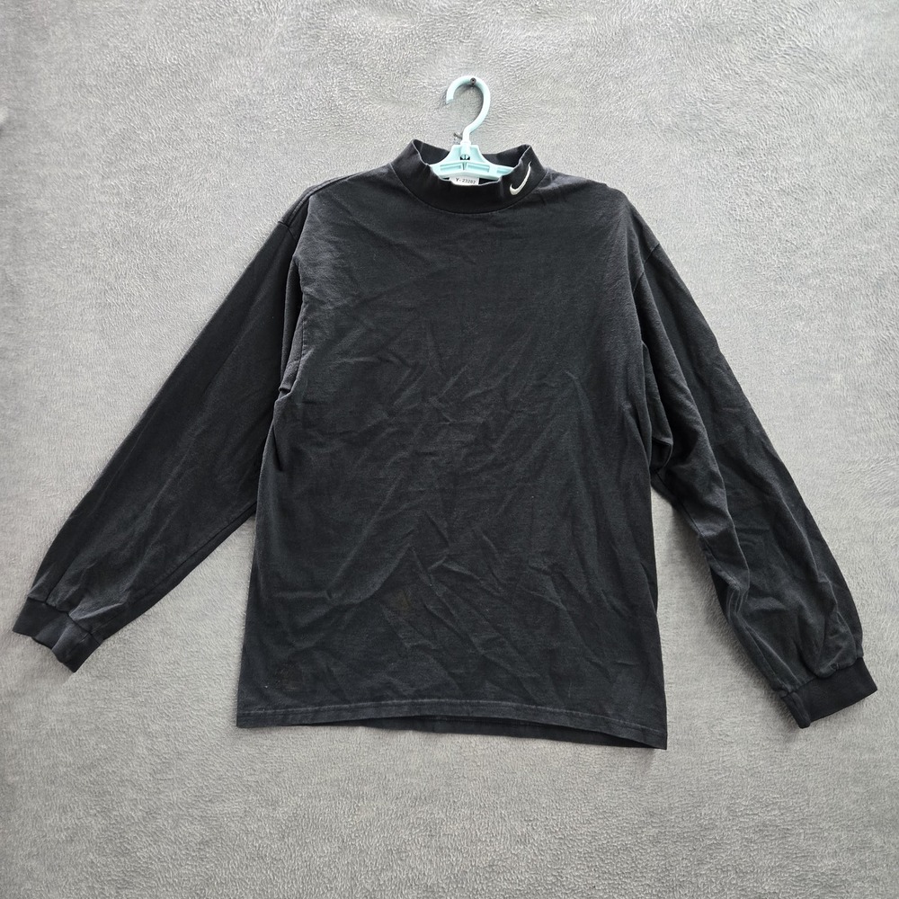 VINTAGE Nike Men Shirt M Black Logo Swoosh Mock Neck Embroidered Y2K USA READ